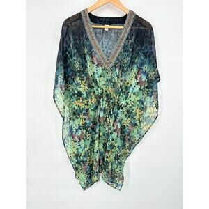 Badgley Mischka Sheer Swim Cover Up Caftan Top Womens Medium Beaded Jewel Resort